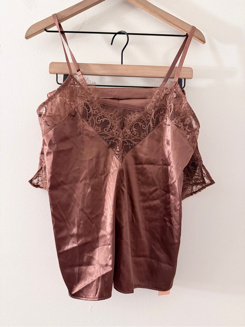 Mentionables brown Satin Eyelash Lace cami shorts set S NWT